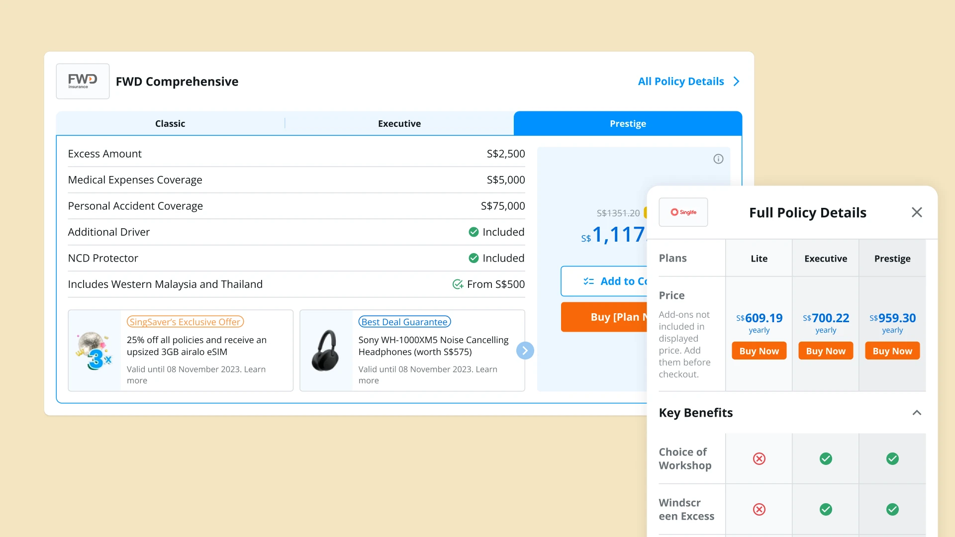 Car insurance results page on desktop